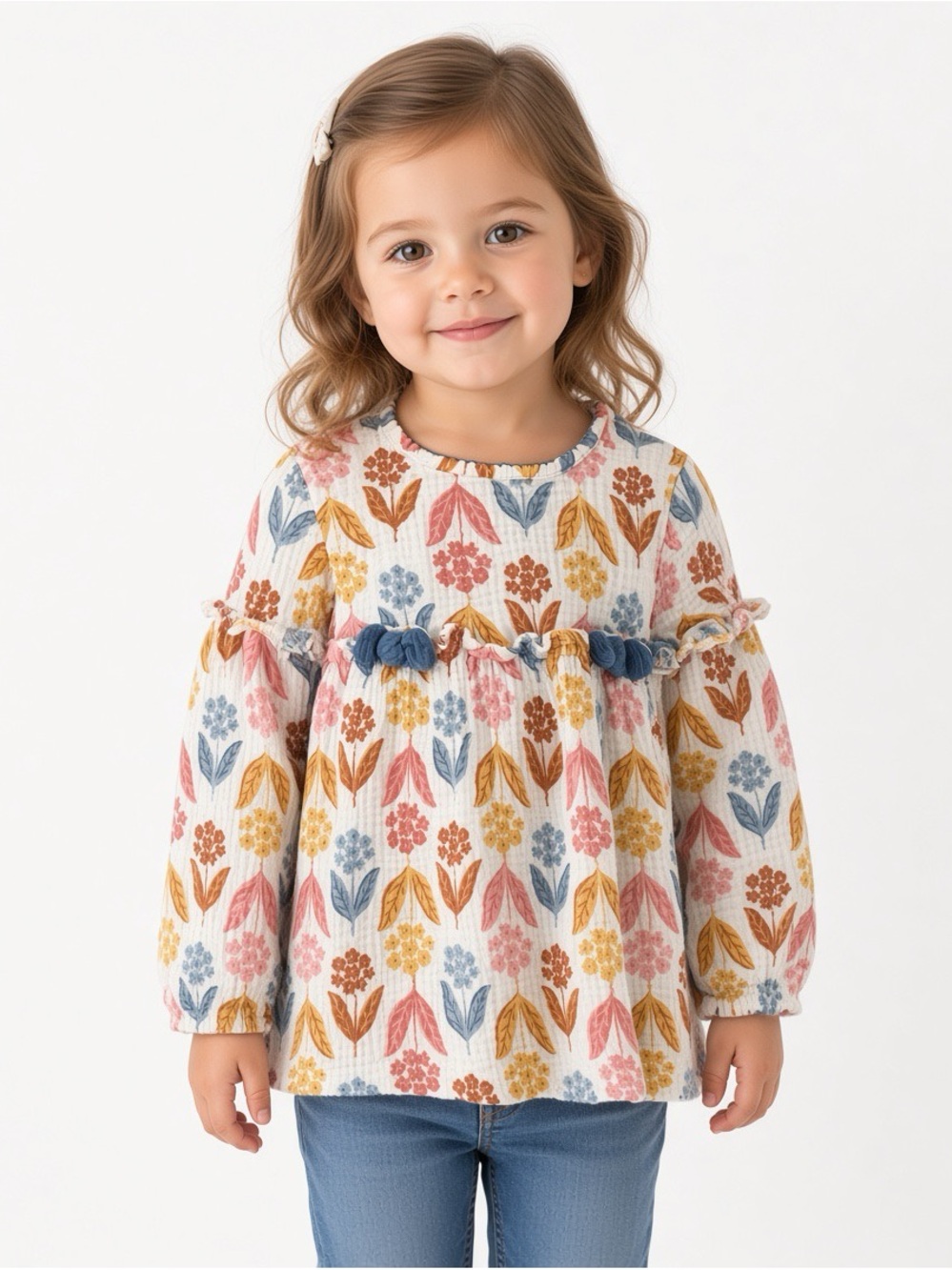 Mud Pie Floral Ruffle-Yoke Long Sleeve Top - White Multi